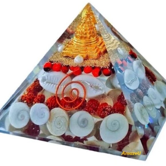 Orgonite Crystal Pyramid, Laxmi Pyramid with Rudraksha, Shree Yantra, Home Decor - Picture 3 of 4